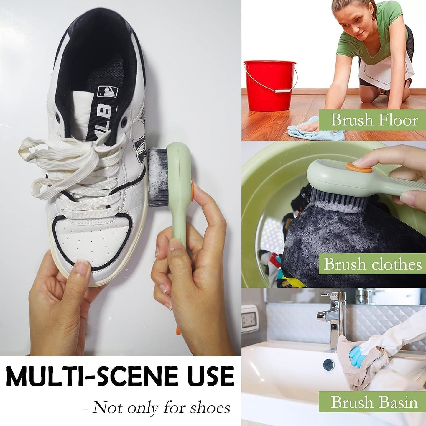 Multifunctional Liquid Shoe Brush with Liquid Box, Adding Liquid Filled Brush with Soap Dispenser Press Type, Long Handle Shoe Cleaner Brush Cleaning with New Liquid Cartridge Pack of 1, Plastic