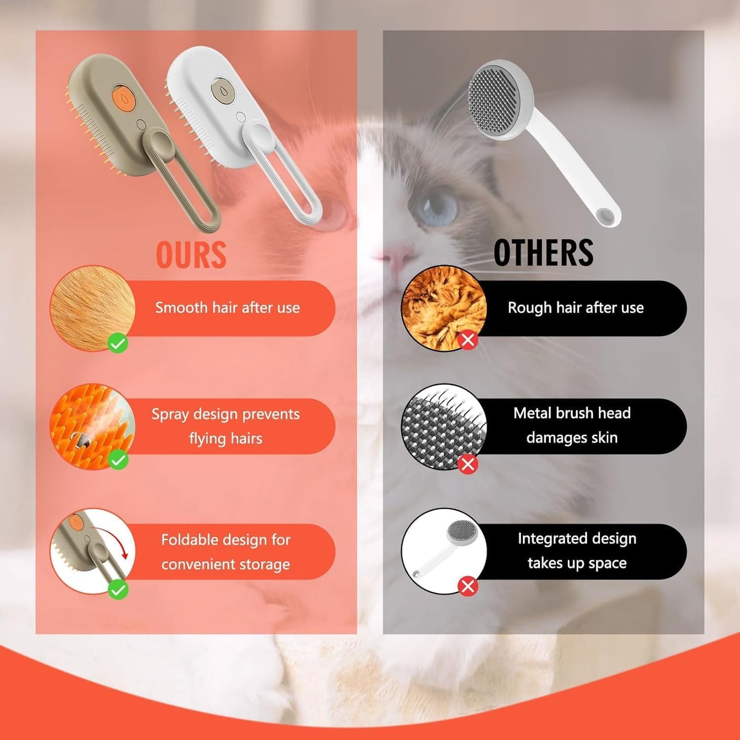 3In1 Pet Steam Brush - One-Touch Spray Pet Hair Removal Tool 360°Rotating Handle Cat Brush With Steam Silicone Massage Comb Cat Brush For Shedding Multifunctional Dog Hair Brush