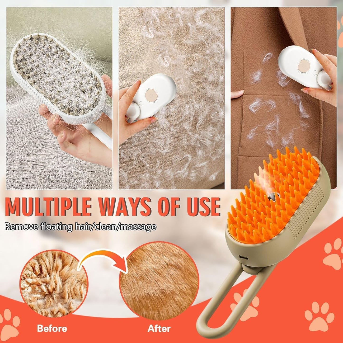 3In1 Pet Steam Brush - One-Touch Spray Pet Hair Removal Tool 360°Rotating Handle Cat Brush With Steam Silicone Massage Comb Cat Brush For Shedding Multifunctional Dog Hair Brush