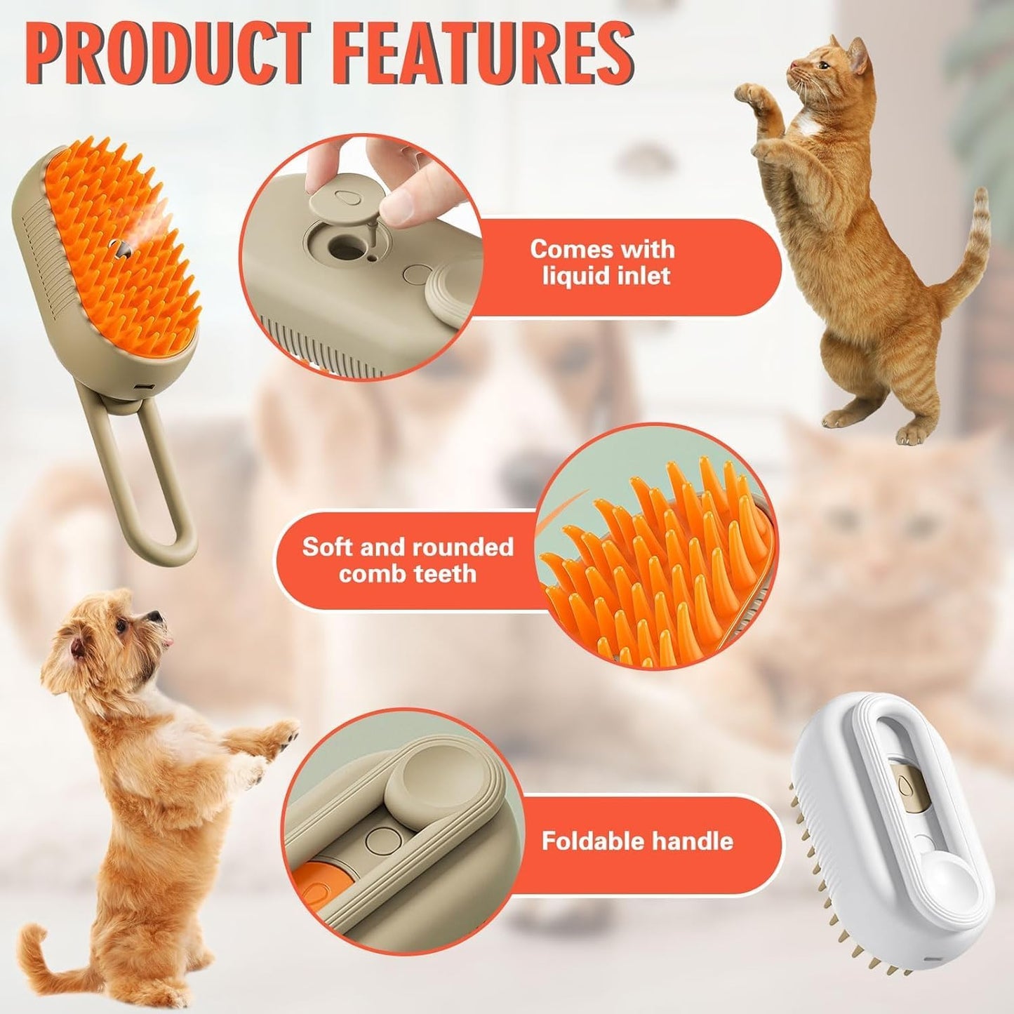 3In1 Pet Steam Brush - One-Touch Spray Pet Hair Removal Tool 360°Rotating Handle Cat Brush With Steam Silicone Massage Comb Cat Brush For Shedding Multifunctional Dog Hair Brush