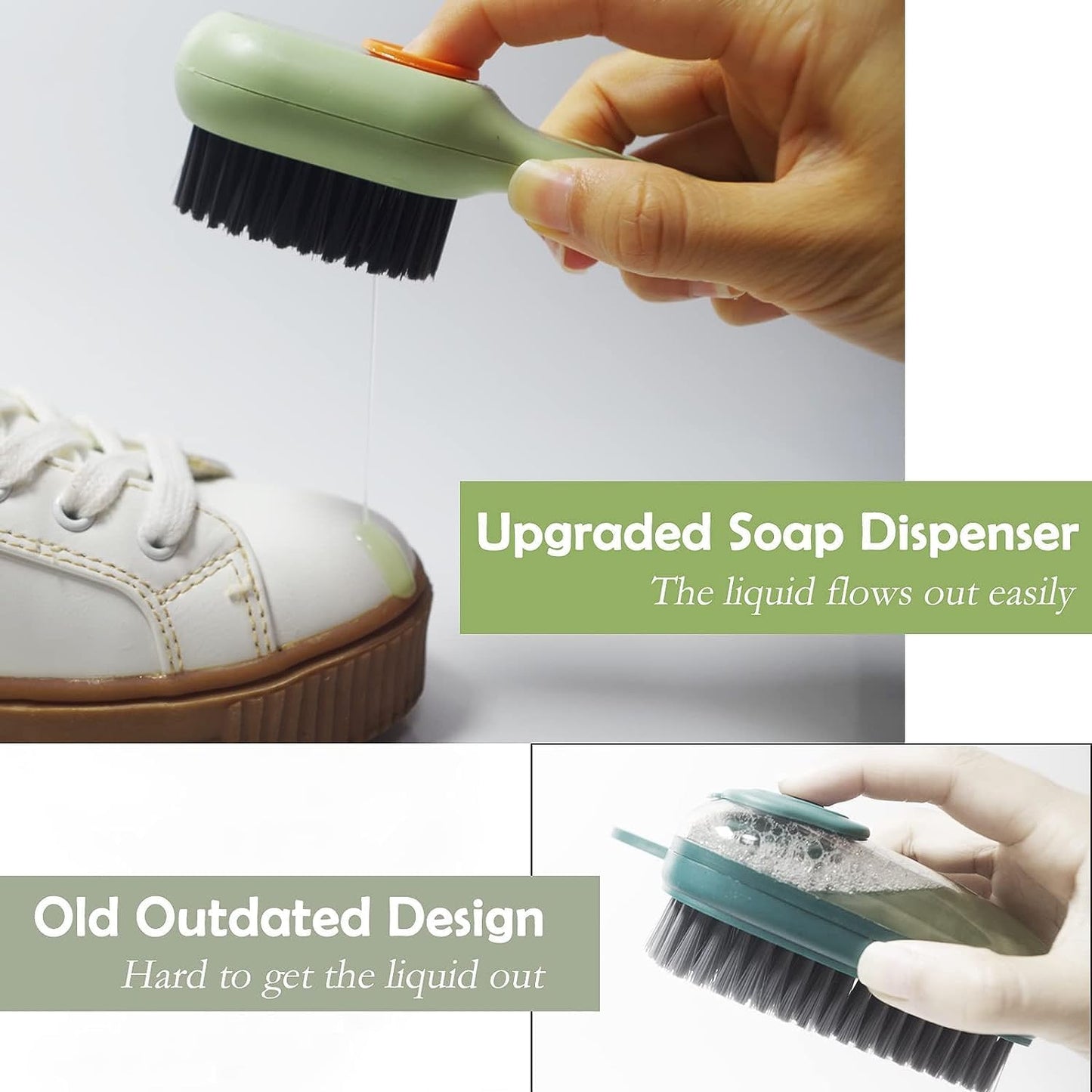 Multifunctional Liquid Shoe Brush with Liquid Box, Adding Liquid Filled Brush with Soap Dispenser Press Type, Long Handle Shoe Cleaner Brush Cleaning with New Liquid Cartridge Pack of 1, Plastic