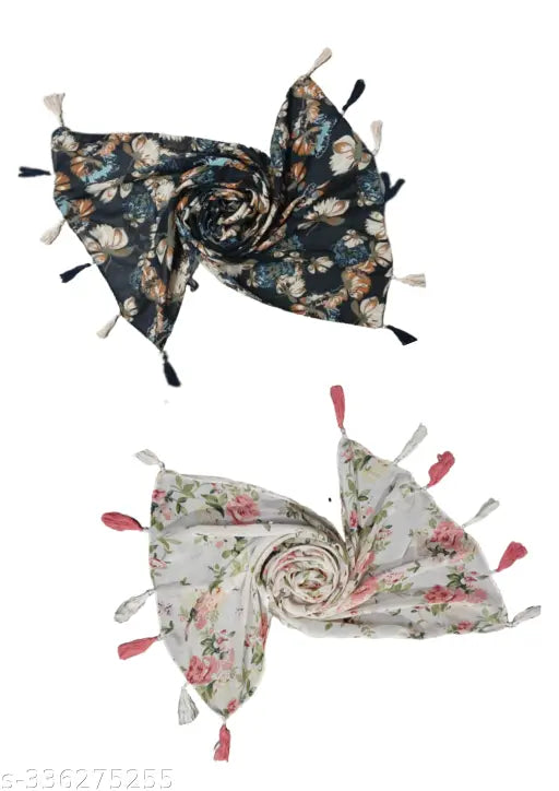 Poshampaa™ Printed Chiffon Stoles with Tassels – Pack of 2&nbsp;