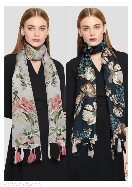 Poshampaa™ Printed Chiffon Stoles with Tassels – Pack of 2&nbsp;
