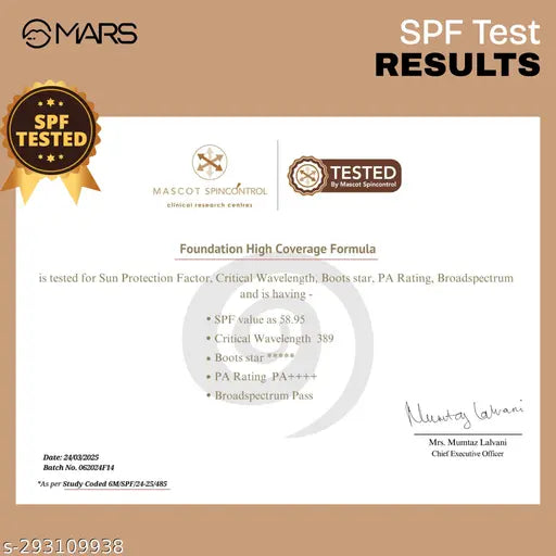 MARS SPF50 PA++++ High Coverage Liquid Foundation | Blemish Free & Blendable Foundation for Makeup (40ml)