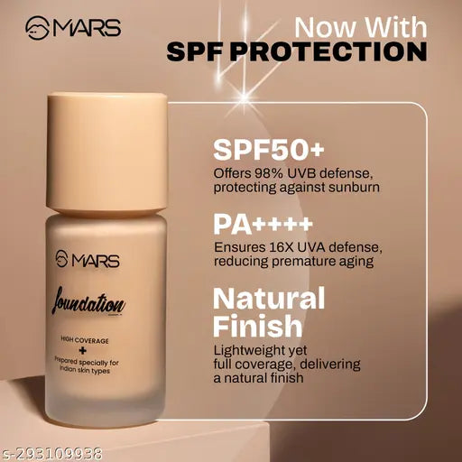 MARS SPF50 PA++++ High Coverage Liquid Foundation | Blemish Free & Blendable Foundation for Makeup (40ml)