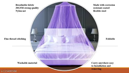 Purple Nylon Net Round Mosquito Net for Double &amp; Queen Size Beds